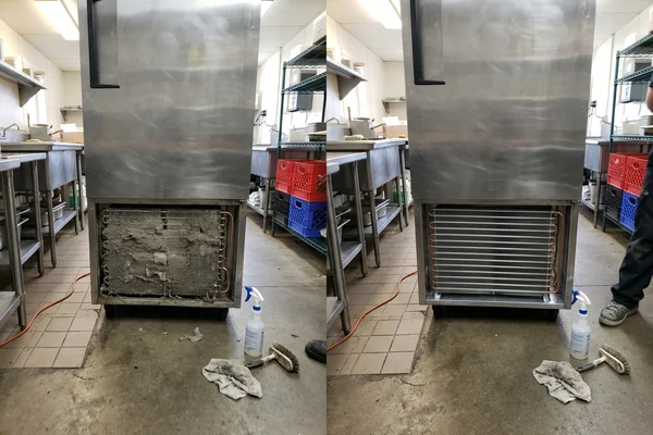 Reach-in condenser coil before and after cleaning