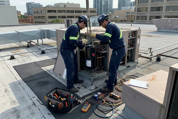 Lowering a replacement compressor into a rooftop unit