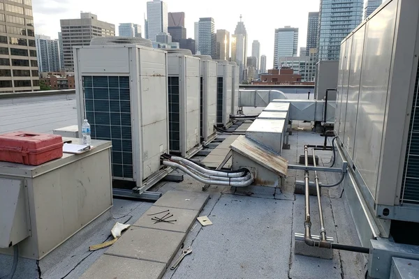 VRF outdoor units on a mid-rise office roof
