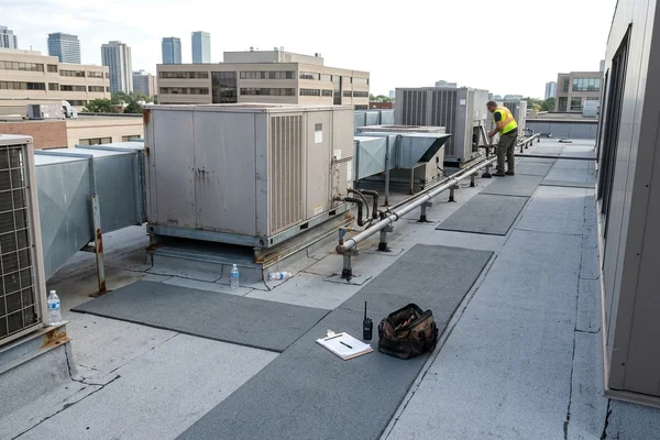 Rooftop units across a business park during a portfolio audit