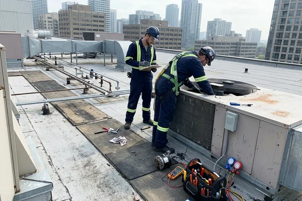 Condenser fan replacement under fall-arrest protocol