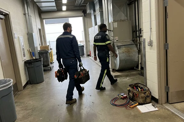 Technician with mall security escort before opening
