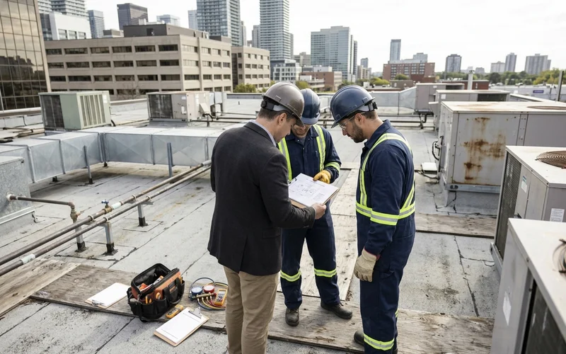 Reviewing a per-tenant RTU map and cost allocation on a plaza roof