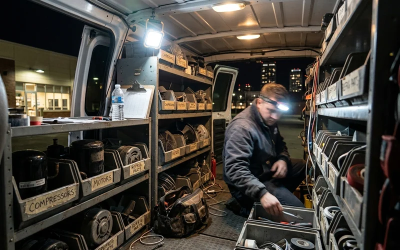Stocked service van with RTU, boiler and refrigeration parts