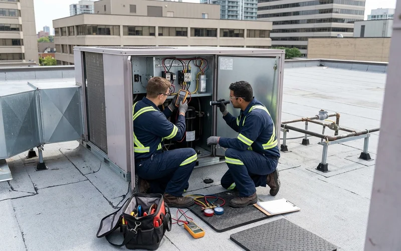Testing a contactor and capacitor inside a rooftop unit electrical section