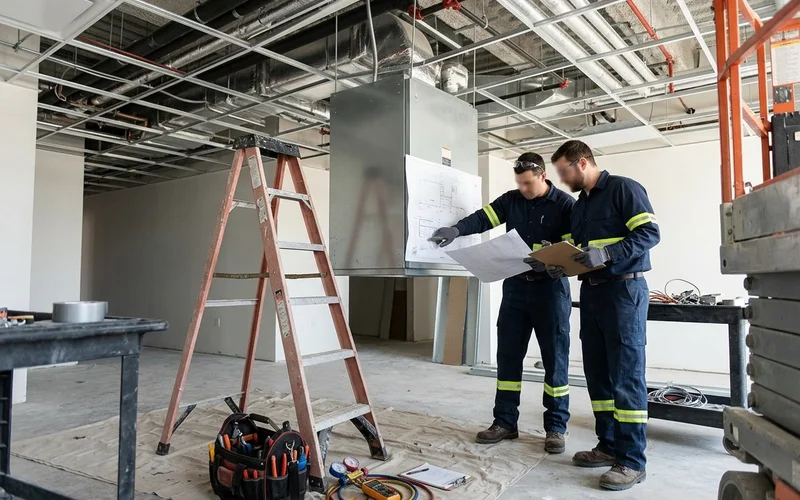 Reviewing mechanical drawings beside a new VAV box during installation