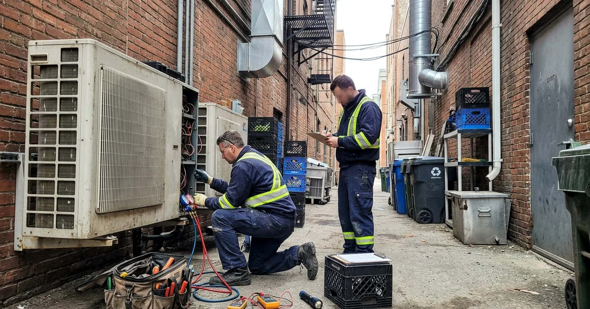 Refrigeration technicians servicing a condensing unit behind a downtown restaurant