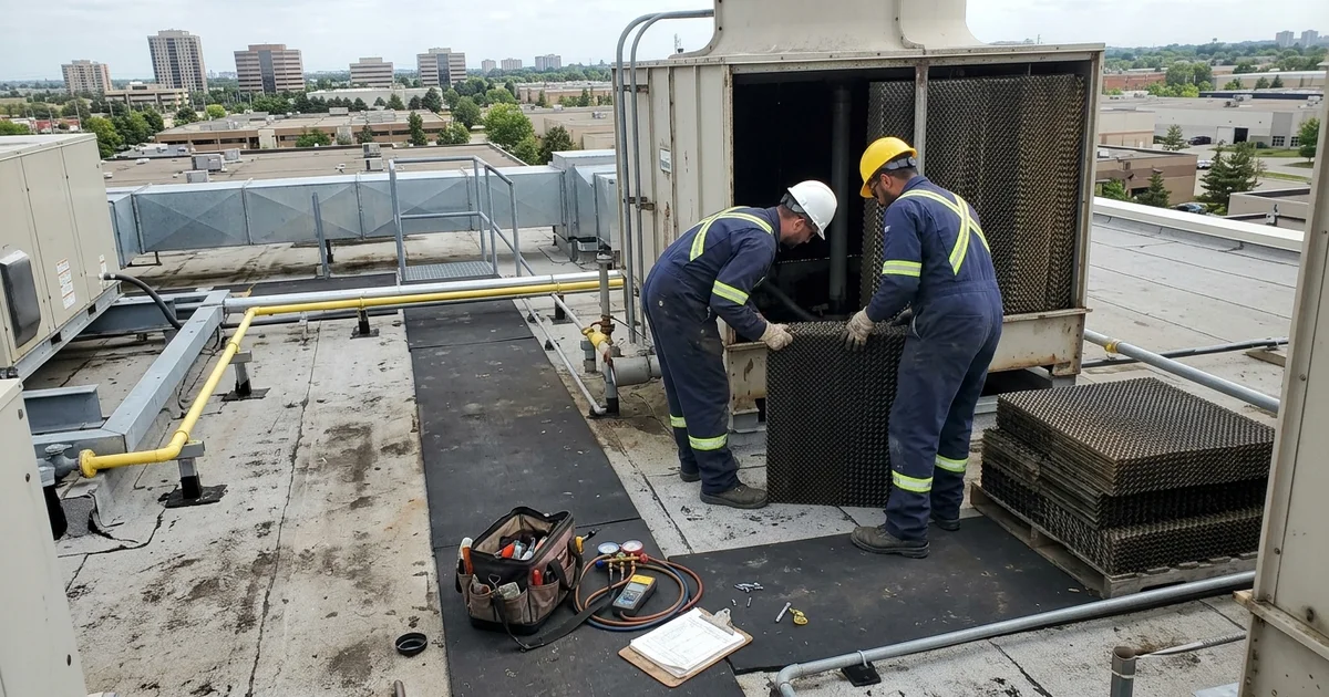 Technicians replacing fill media in a Brampton industrial cooling tower