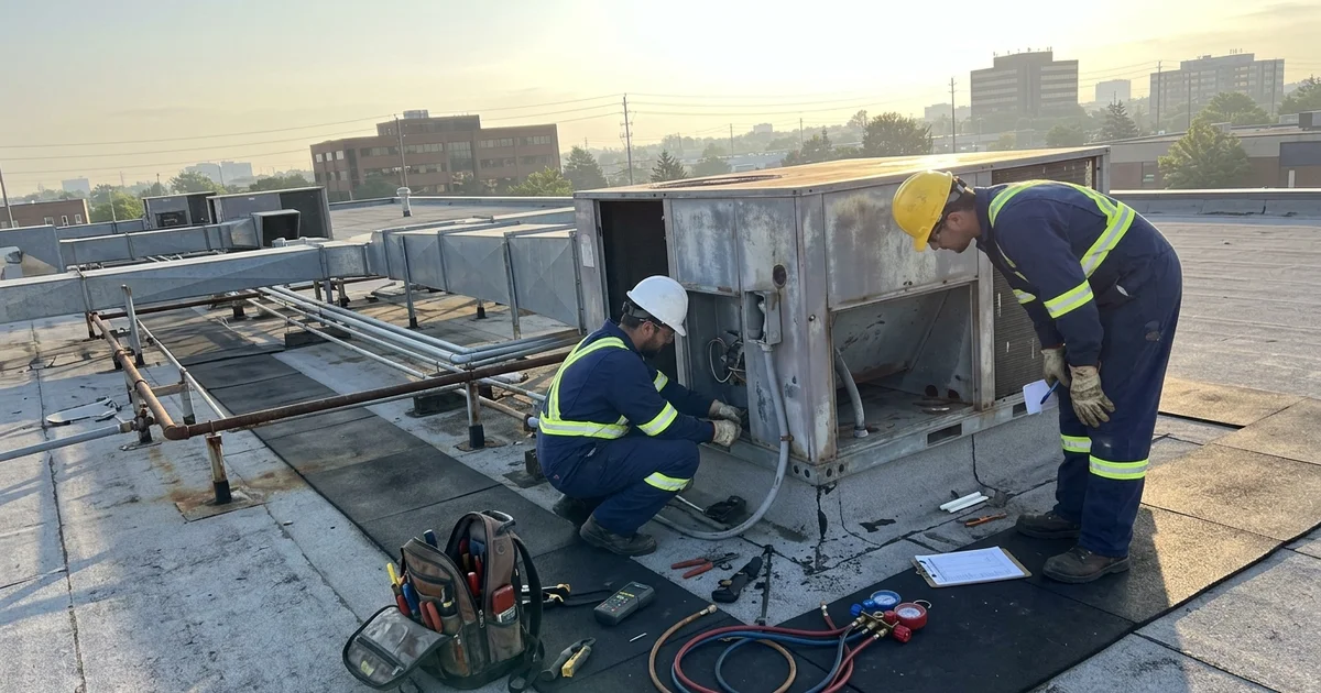 Technicians replacing a rooftop unit on an Etobicoke quick-service restaurant
