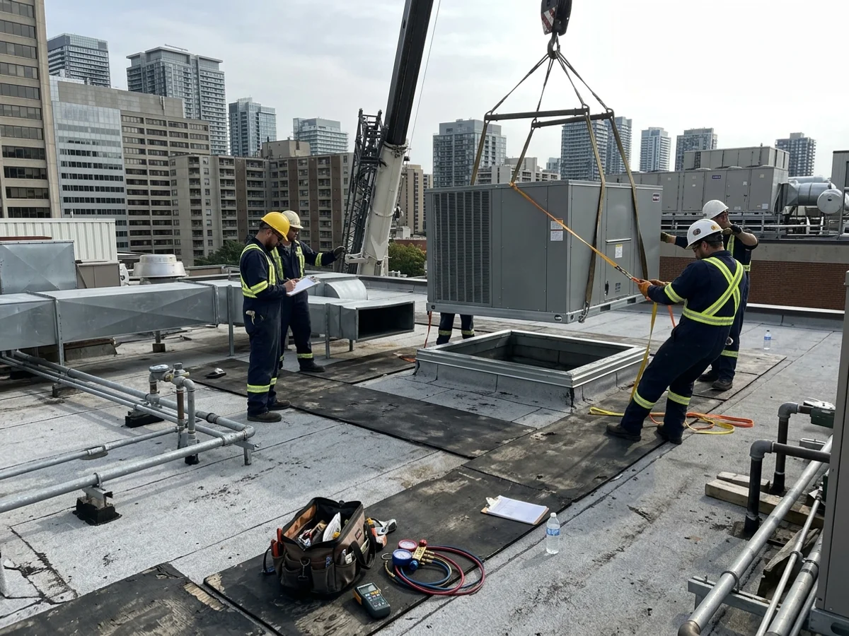 Crane lifting a new rooftop unit over a Toronto commercial building