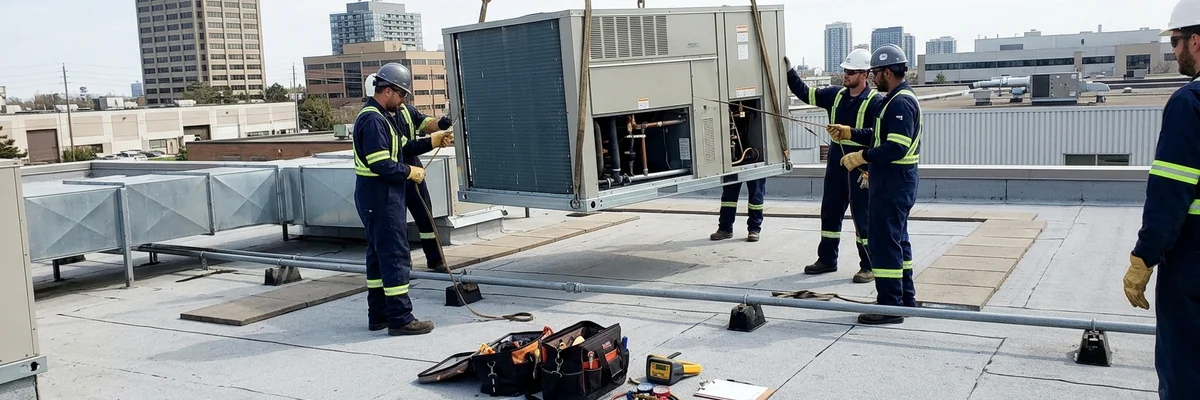 Crane lifting a new rooftop unit onto an industrial building