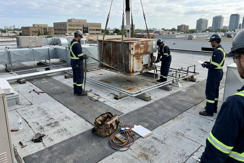 Old rooftop unit removed by crane