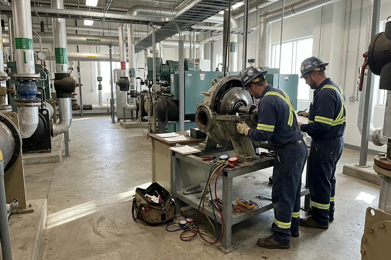 Opened centrifugal compressor with impeller exposed during rebuild