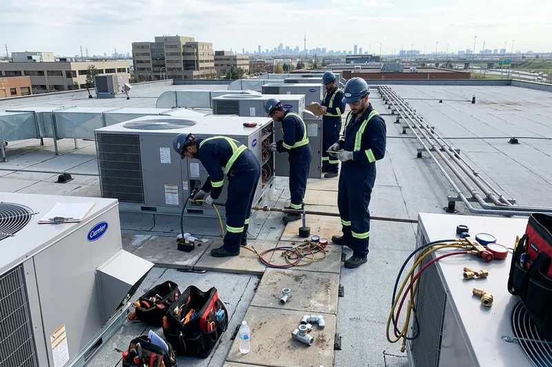 New rooftop units installed in a row on an industrial roof