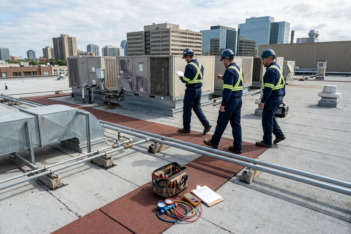 Commercial HVAC technicians walking across a Toronto roof toward rooftop units
