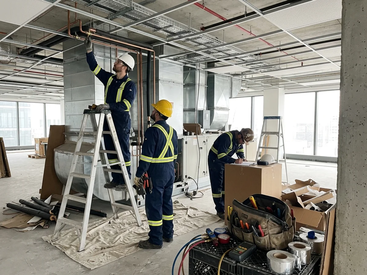 Installers running piping and ductwork for a new commercial HVAC system in a Toronto office fit-out