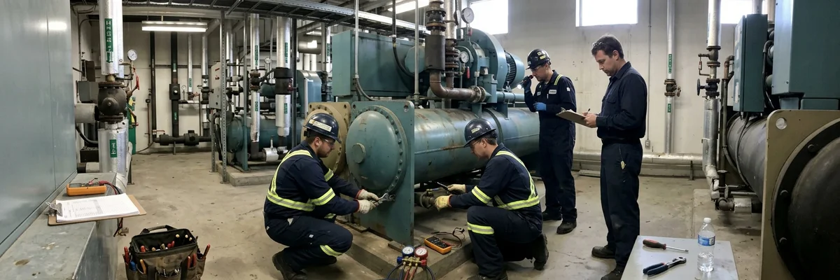 Technicians working on a centrifugal chiller in a downtown tower