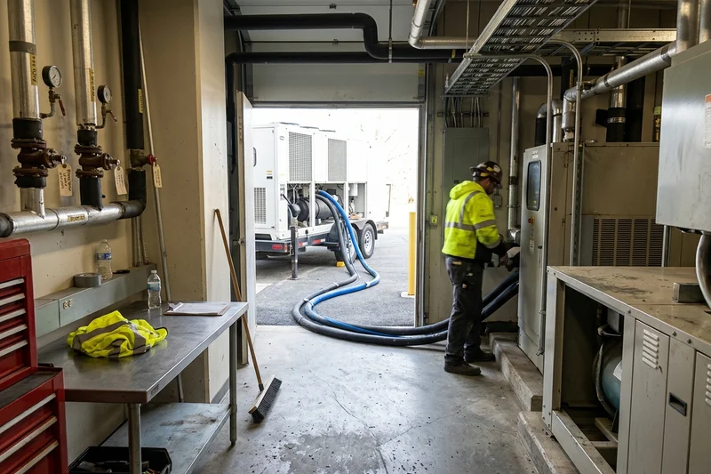 Temporary chiller connected at a hospital loading dock