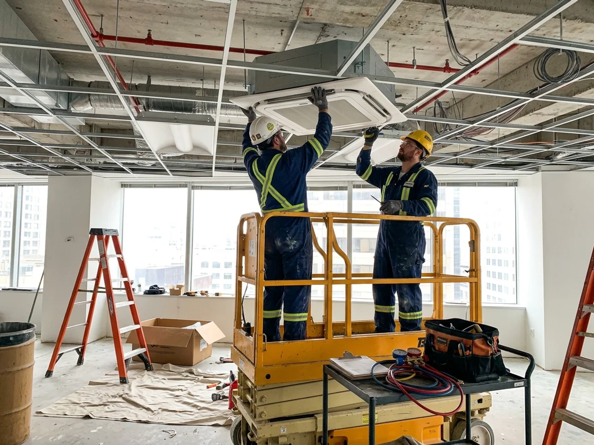 Installers mounting a VRF ceiling cassette in a Toronto office fit-out