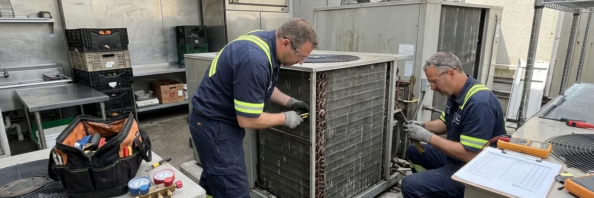Technicians cleaning a condenser coil during scheduled maintenance