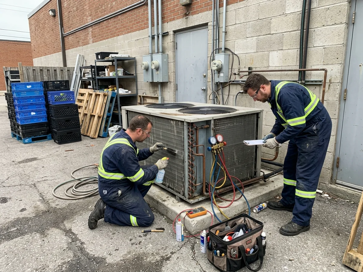 Technicians cleaning a walk-in cooler condenser coil behind a Toronto grocery store