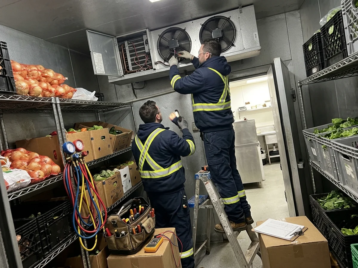 Technicians repairing a walk-in cooler evaporator inside a Toronto restaurant