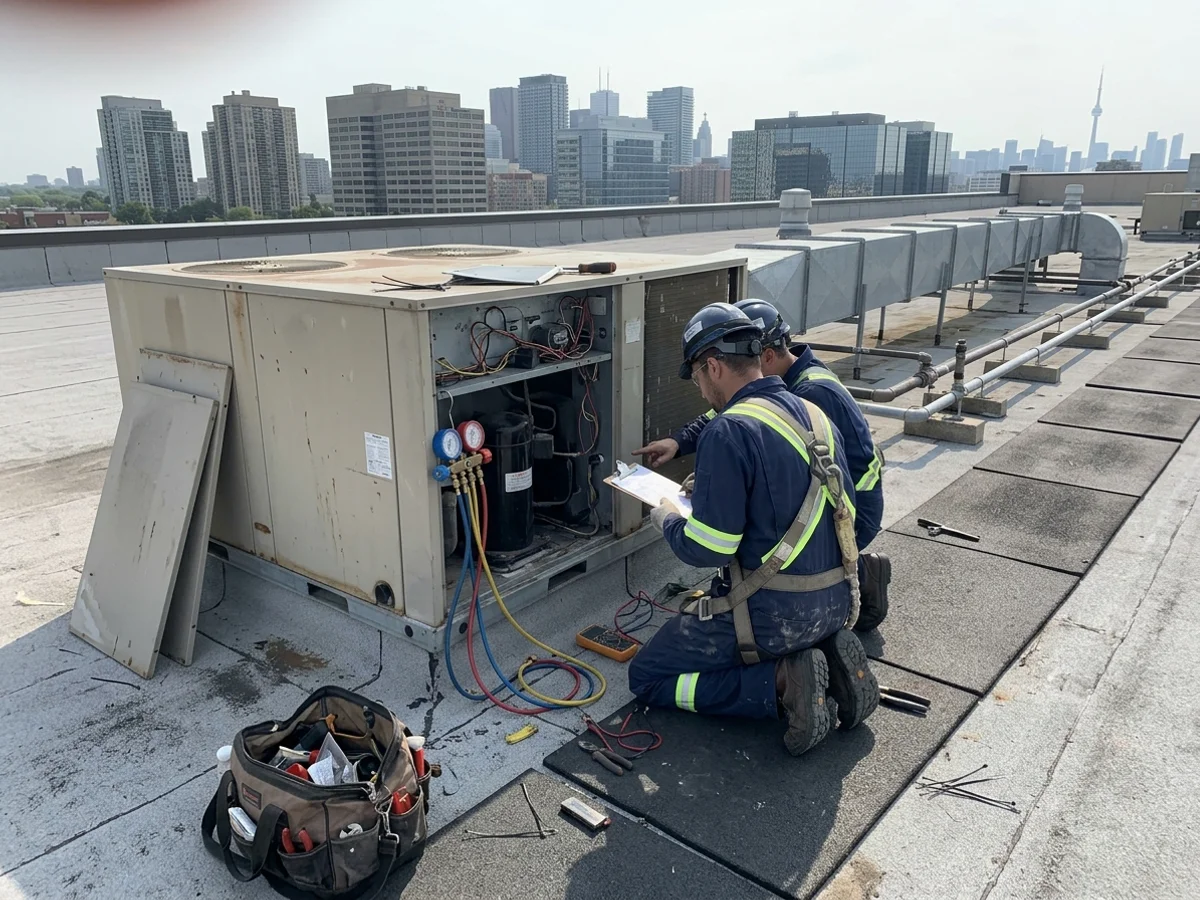 Technicians in fall-arrest harnesses repairing a rooftop unit on a Toronto plaza roof
