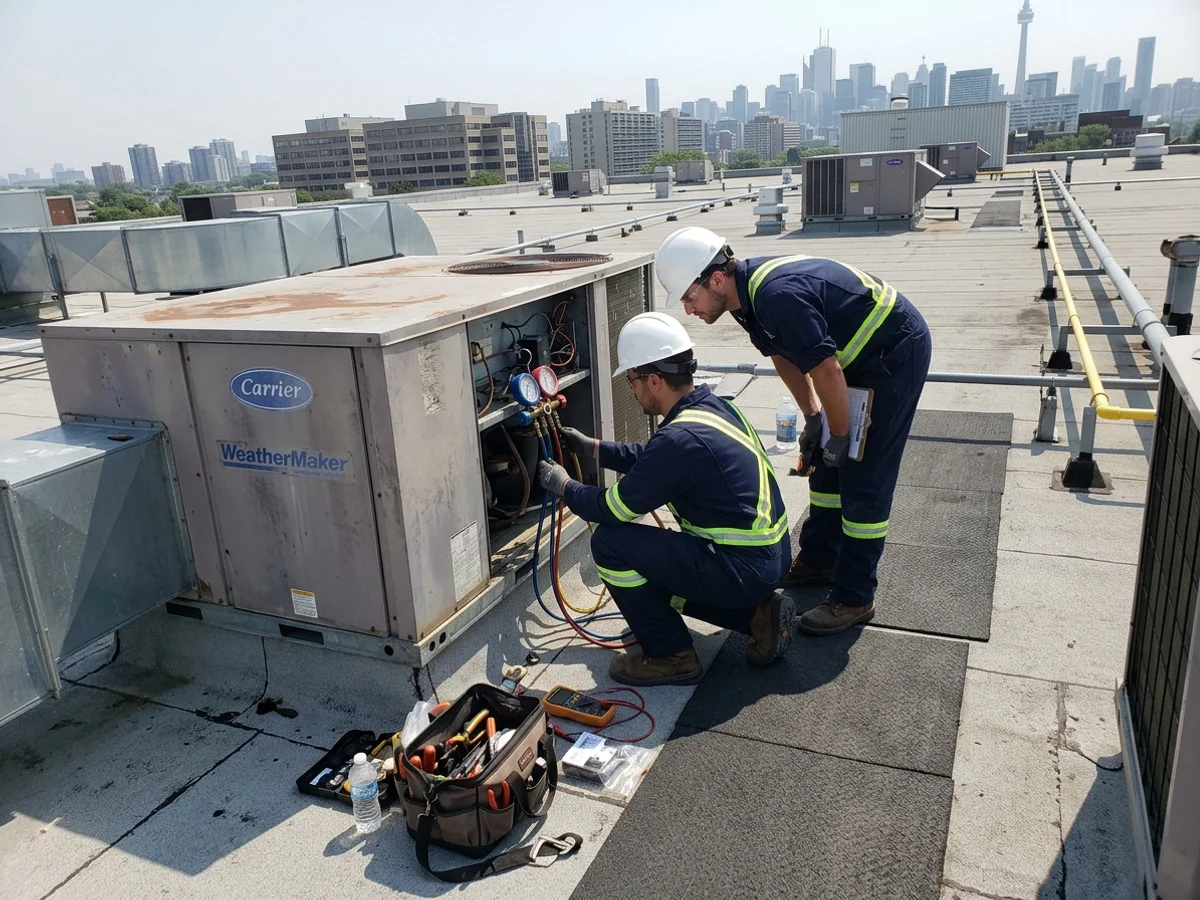 Technicians checking refrigerant pressures on a rooftop AC unit during a Toronto heatwave