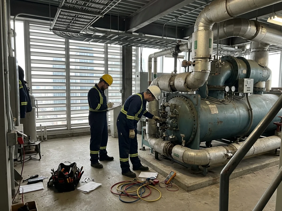 Technicians inspecting a chiller in a Bay Street office tower mechanical penthouse