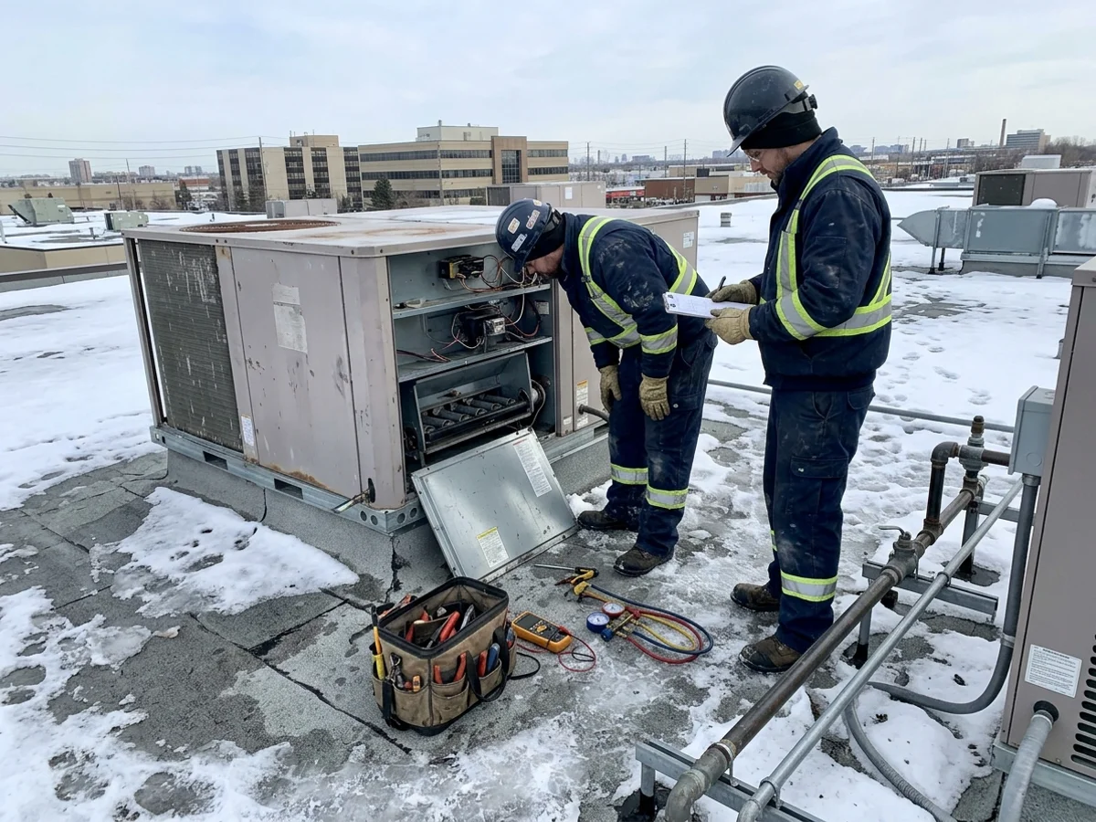 Technicians inspecting a rooftop unit gas heat section in winter